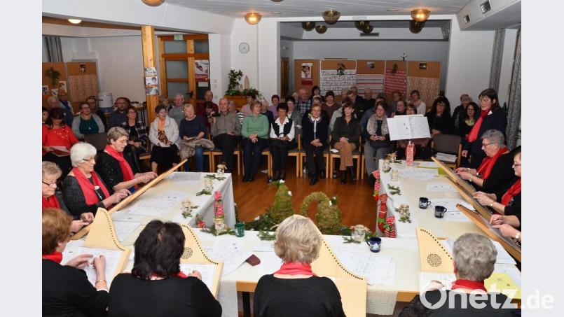 Gefühlvoll und feierlich stimmt die &quot;Veeh-Harfen-Gruppe&quot; unter Leitung von Petra Zilbauer (stehend, rechts) beim &quot;Adventlichen Liederabend&quot; auf die staade Zeit ein. Bild: fjo