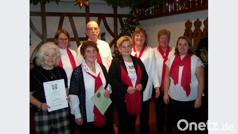 Die geehrten Sängerinnen und Sänger, vorne links Ingeborg Pasch, Renate Haller und Heike Seitz dahinter Regina Rösch, Gerd Ludwig, Christine Ludwig(1. Vorsitzende), Katharina Stühler(2. Vorsitzende) und Simone Steger. Bild: rrd