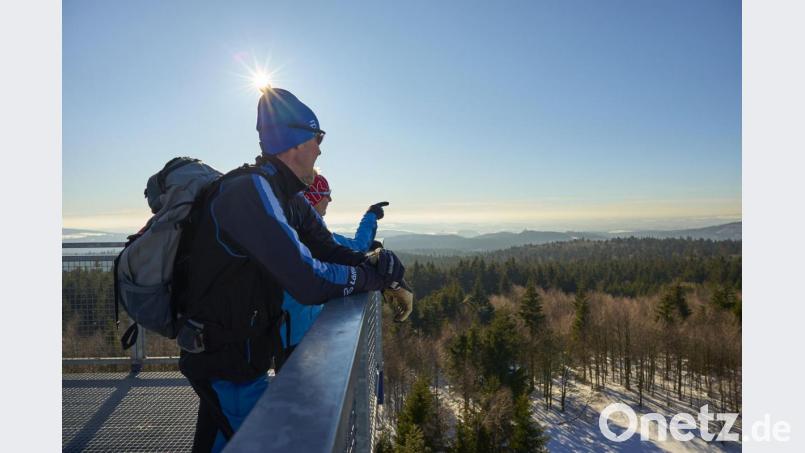 Naturgenuss ohne Trubel: Winterwanderer genießen den Blick vom Havran (Rabenberg) auf die Oberpfalz und Böhmen. Möglich macht&#039;s ein Aussichtsturm auf tschechischer Seite. Bild: Marco Felgenhauer - Woidlife Photography/TVO