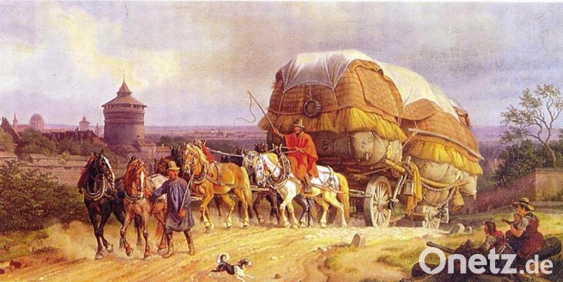 Mit Hopfen beladenes Fuhrwerk vom Nürnberger Hopfenmarkt kommend (Archiv Dieter Dörner). Bild: exb