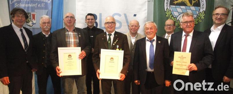 Landkreissportverband, BLSV und Oberpfälzer Schützenbund ehrten verdiente Förderer und Funktionäre. Das Bild zeigt von links: Michael Günther, Franz Brunner, Josef Gruber, Thomas Ebeling, Günter Hirsch, Josef Hoch, Thomas Lobinger, Franz Pfeffer, Wilfried Bühner und Alexander Flierl. Bild: Hirsch