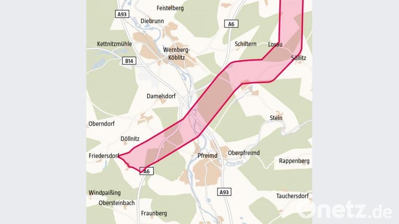 Der Trassenverlauf des Süd-Ost-Links im Norden des Landkreises Schwandorf. Grafik: Christian Gold