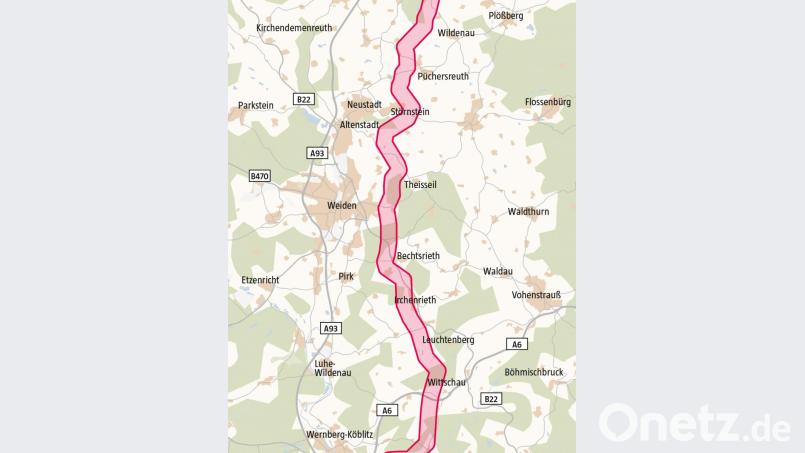 Der geplante Trassenverlauf im Raum Weiden/Neustadt. Grafik: Bundesnetzagentur