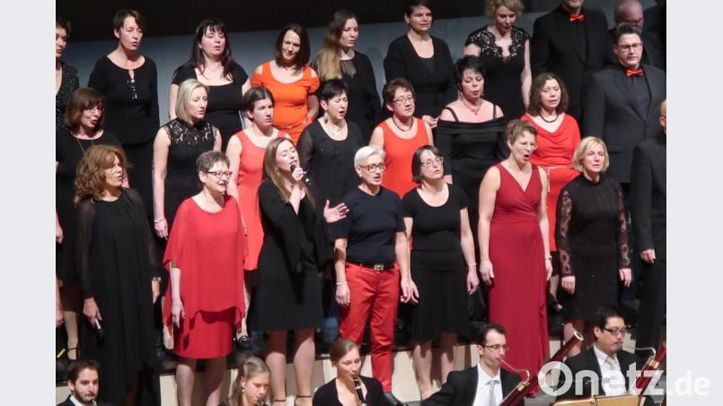 Wieder gemeinsam auf einer Bühne: Singing Witt und das Hofer Symphonieorchester unter der Gesamtleitung von Stefanie Zühlke-Schmidt. Bild: Kunz