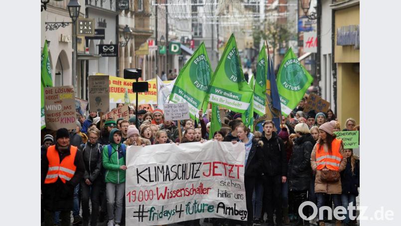 In Amberg ziehen hunderte Demonstranten durch die Stadt und skandieren &quot;Wir sind hier und wir sind laut, weil ihr uns die Zukunft klaut&quot;. Bild: Wolfgang Steinbacher