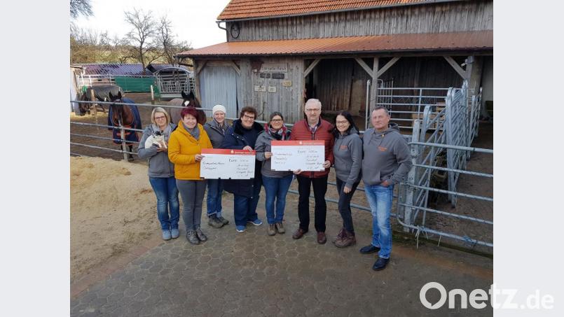 Elena Kummert (Mitte) überreicht zusammen mit Familienangehörigen und Freunden je 500 Euro an die Kinderpalliativstation in Amberg, vertreten durch Kinderkrankenschwester Karin Borcher (Vierte von links), und die Kinderkrebshilfe Nordoberpfalz, vertreten durch Vorsitzenden Herbert Putzer (Dritter von rechts). Bild: hzi