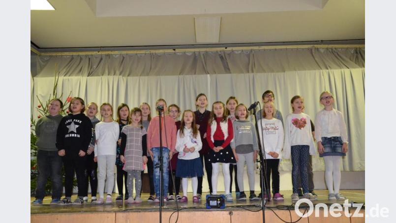Herzerfrischend singt der Schulchor „Schneeflocken“ begleitet von Wolfgang Ziegler am E-Piano. Bild: gi