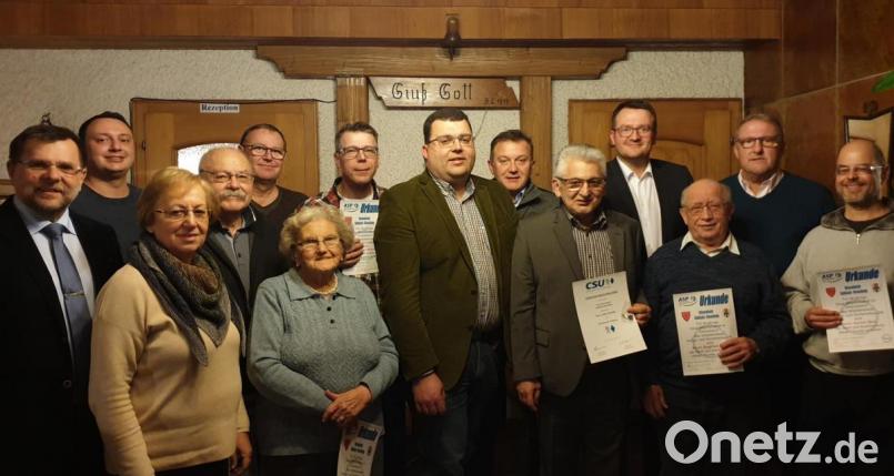 Vorsitzender Stefan Frank (Mitte) ehrte zusammen mit 2. Bürgermeister Günter Koller (links), JU-Vorsitzendem Maximilian Klose (Zweiter von links), Stadträtin Marga Klameth (Dritte von links), Stadtratskandidat Manfred Seitz (Fünfter von links), CSU-Fraktionsvorsitzendem Stefan Morgenschweis (Sechster von rechts), CSU-Ortsvorsitzendem Patrick Fröhlich (Vierter von rechts) sowie Stadtratskandidat Fritz Bart (Zweiter von rechts) die langjährigen Mitglieder um den neuen Ehrenvorsitzenden Lothar Bedritzki (Fünfter von rechts). Bild: paf