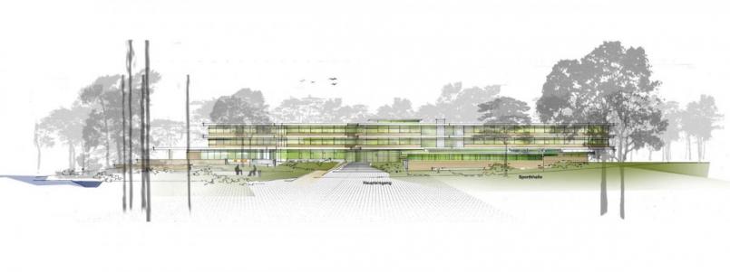 Im Kreistag präsentierte das Stuttgarter Architekturbüro Skizzen vom Realschulneubau in Kemnath. Hier der Blick auf den Haupteingang, kommend von der Bushaltestelle. Bild: Architekturbüro Petry &amp; Voll Freie Architekten