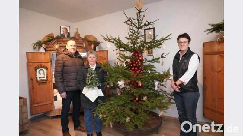 Roman Bauer, Waltraud Kühnhauser mit dem Gabloner Christbäumchen und Petra Reil (von links) vor dem &quot;Apfel-Weihnachtsbaum&quot;. Bild: fvo
