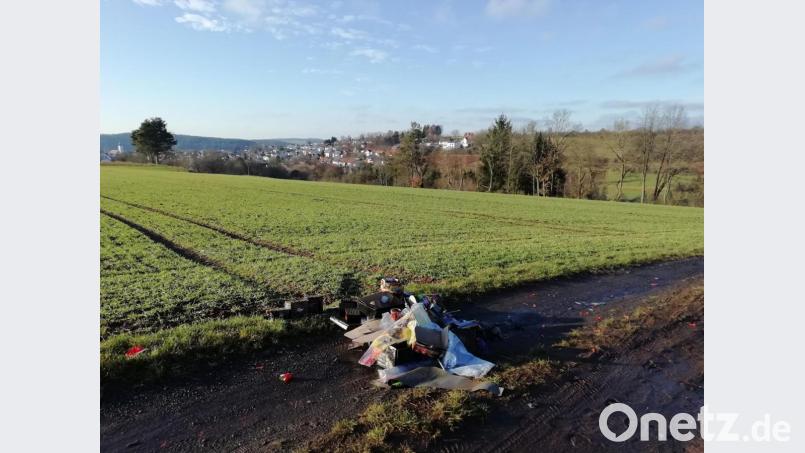 Mitten in der schönen Landschaft bei Pressath liegt ein Haufen Müll - Überbleibsel von Silvester. Bild: Anne Wiesnet
