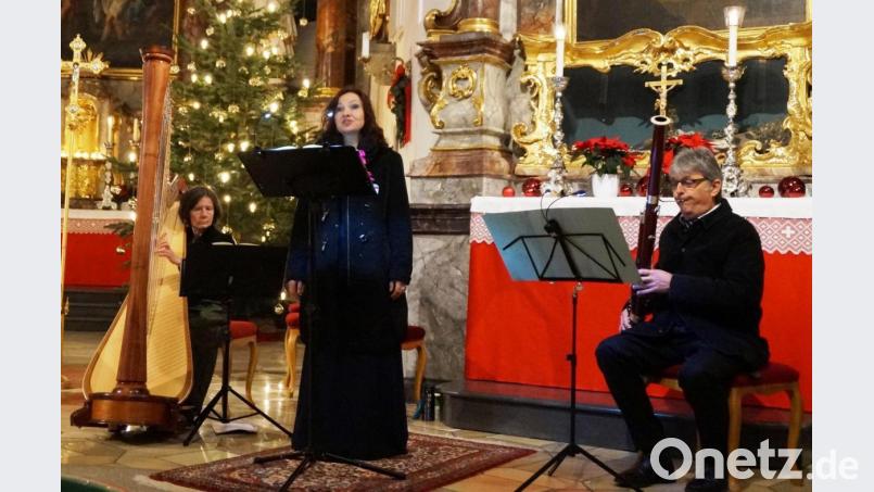 Veronika Miller-Wabra (Harfe), Roland Polzer (Fagott) und Sopranistin Dagmar Spannbauer begeisterten die Musikfreunde in der Stadtpfarrkirche mit Weihnachtsgesang und Instrumentalmusik. Bild: weu