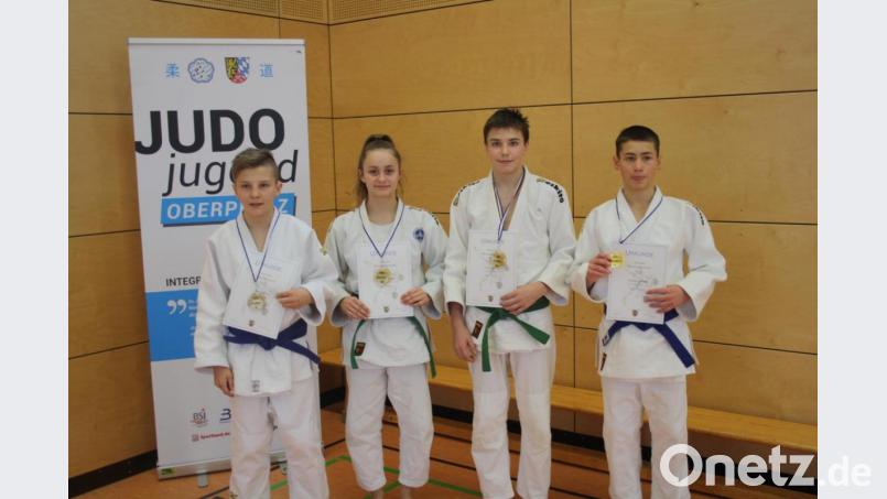 Die Ensdorfer Luis Pirzer, Emilie Marschall, Andre Fruth und Eduard Bulinger (von links) gewannen bei den Judo-Oberpfalzmeisterschaften in Sulzbach-Rosenberg Gold. Bild: exb