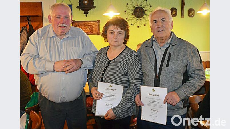 Kreis- und Ortsvorsitzender Reinhold Ziegler (von links) ehrt Monika Fronhöfer und Gottfried Pohl für 40-jährige Zugehörigkeit zum Imkerverein Kirchenthumbach. Bild: ü