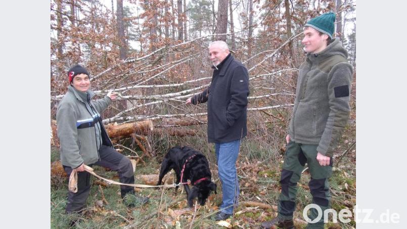 Försterin Andrea Sauer und Bürgermeister Ludwig Biller (Mitte) sind zufrieden mit der Auffrischung des Gemeindewalds. Bild: gmü