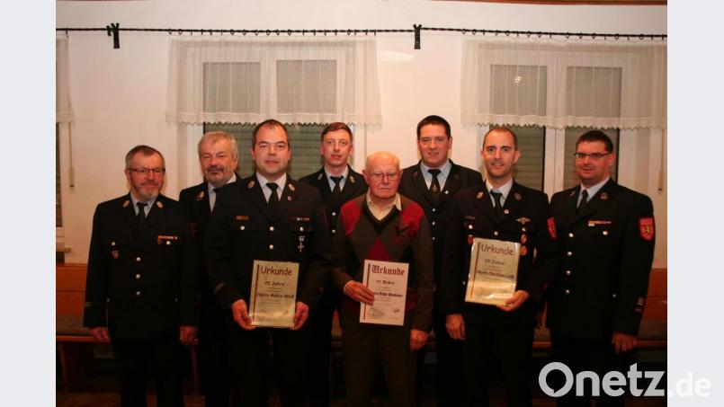 Für langjährige Mitgliedschaft im Feuerwehrverein werden Urkunden vergeben (vorn, von links): Marco Weiß, Arthur Demleitner und Christian Leißl; hinten (von links): Zweiter Kommandant Karl Hottner, Kreisbrandrat Fredi Weiß, die Vorsitzenden Tobias Lautenschlager und Konrad Bierner sowie Kommandant Michael Werner. Bild: wfw