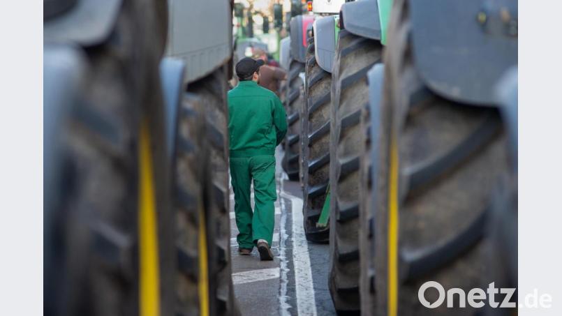 Ein Landwirt geht bei einer Demonstration von Bauern zwischen Traktoren, die dicht an dicht auf der Straße parken, hindurch. Bild: Klaus-Dietmar Gabbert/dpa