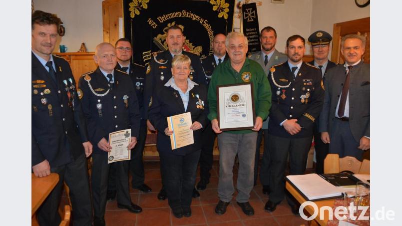 Langjährige Mitglieder und erfolgreiche Schützen zeichnete die Krieger-, Soldaten- und Reservistenkameradschaft Mitterteich bei der Jahresversammlung aus. Im Bild (von links) Vorsitzender Wolfgang Danler, Ewald Weber, Manuel Zeis, Stefan Badstieber, Eveline Badstieber, Robert Hoyer, Ehrenmitglied Josef Rödl, Stabsfeldwebel Huberth Rosner, Johannes Sperer, Kreisvorsitzender Anton Hauptmann und Bürgermeister Roland Grillmeier. Bild: jr