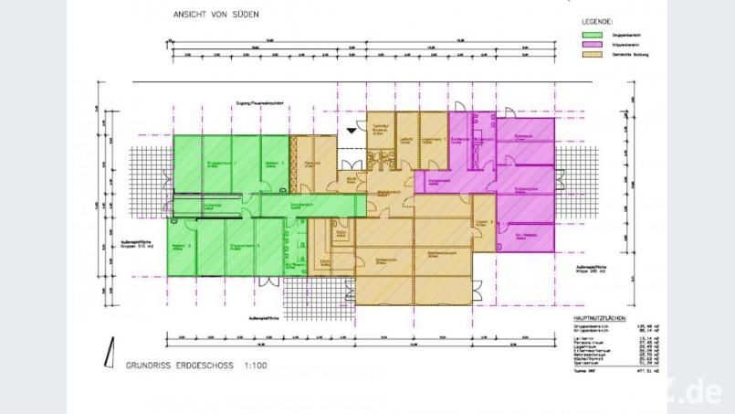 Der Vorentwurf für das Raumprogramm der Übergangslösung zeigt, wie sich die 40 Module zu einem zweigruppigen Kindergarten (links, grün) und der eingruppigen Krippe (rechts, pink) zusammenfügen. Dazu kommen die Flächen für die gemischte Nutzung (Mitte, beige). Bild: Architekturbüro Hermann Hösl