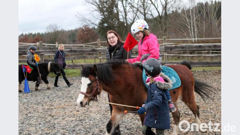 Ein Kind führt, ein Kind reitet. Betreuerin Karola Wenisch begleitet das Trio. Im Hintergrund trainiert Maria Wölfl ein Kind, das auf einem Pony reitet. Bild: sfo