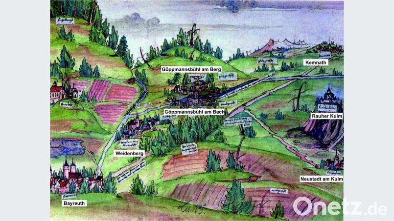Die Göppmansbühlkarte aus dem Jahre 1536 ist der älteste Bildbeleg für die Burganlage auf dem Rauhen Kulm. Neustadt am Kulm mit der Burg auf dem Rauhen Kulm befindet sich auf der unteren rechten Ecke. Bild: exb/Staatsarchiv Bamberg