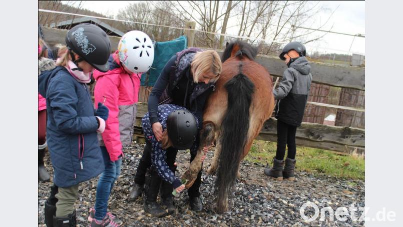 Maria Wölfl hilft den Kindern beim Hufe auskratzen. Bild: sfo