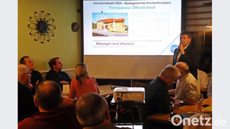 Bürgermeisterkandidat Ewald Plößner erläutert zusammen mit den Kandidaten für den Marktgemeinderat die Wahlkampfthemen der Christlichen Wählergemeinschaft (CWG). Bild: jma