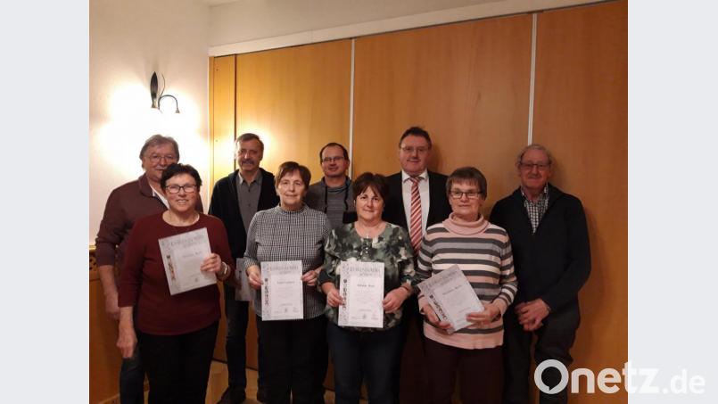 Einige Mitglieder werden für ihre Vereinstreue geehrt (von links): Vorsitzender Armin Heuberger, Theresia Weiß, Georg Dotzler, Erika Gebhard, Franz Heldmann, Elfriede Weiß, Bürgermeister Hans-Martin Schertl, Marianne Merkl und Zweiter Vorsitzender Christian Merkl. Bild: ct