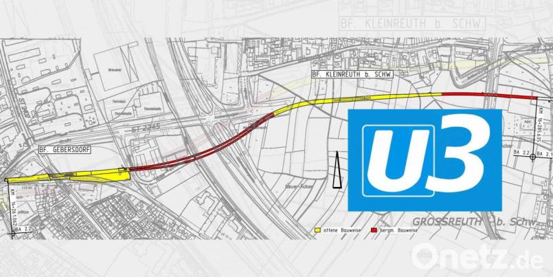 Künftig soll die U-Bahn in Nürnberg bis Gebersdorf führen. Die Abschnitte in rote Farbe werden bergmännisch gebaut, die in gelber Farbe in offener Bauweise. Bild: Max Bögl