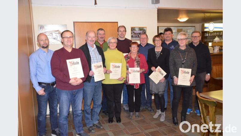 Ehrenamtsbeauftragter Reinhold Strobl zeichnet Karl Brenner, Peter Steckermeier, Josef Hierold, Maria Meixensperger, Thomas Wild, Anna Strobl, Hans Stephan, Margit Kirzinger und Diana Stephan (von links) aus. Bild: fjo