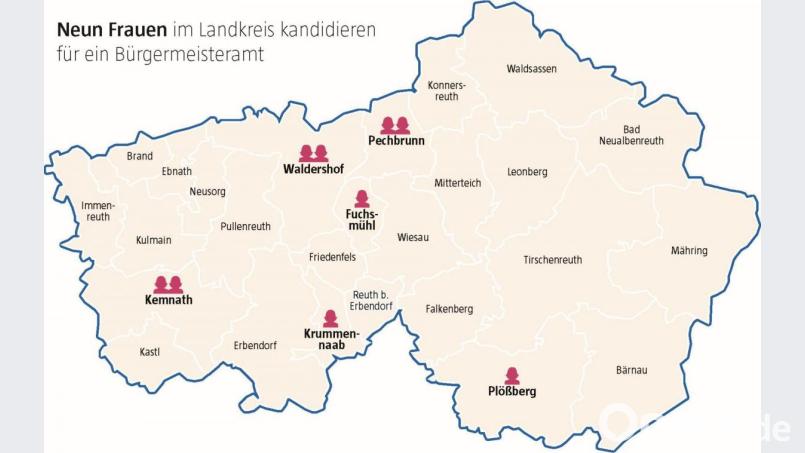Im Landkreis Tirschenreuth kandidieren neun Frauen für das Bürgermeisteramt. Grafik: Schärtl, Corinna