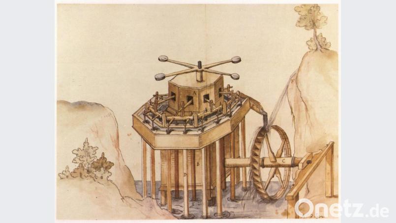 Eine in Amberg geplante, doch nie realisierte Wasserkunst: Mit Hilfe von Oberflächenwasser sollte Grubenwasser gehoben werden (Quelle: Dirk Götschmann – Oberpfälzer Eisen). Bild:  exb