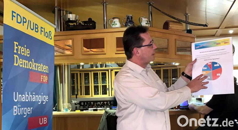 Anhand eines Kuchendiagramms stellt zweiter Bürgermeister Oliver Mutterer die Ergebnisse der FDP/UB-Bürgerbefragung vor,. Bild: exb