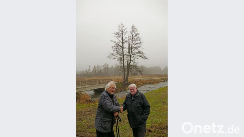 Der Gumpenspeicher bei Falkenberg hätte bis zu doppelt so groß werden sollen wie der Schliersee. 40 Jahre nach dem Aus des Projekts geben sich Naturschützer Klaus Arbter (links) und Wasserwirtschaftler Manfred Riebl (rechts) in den Waldnaabauen auf Höhe der geplanten Vorsperre die Hand. Bild: tr