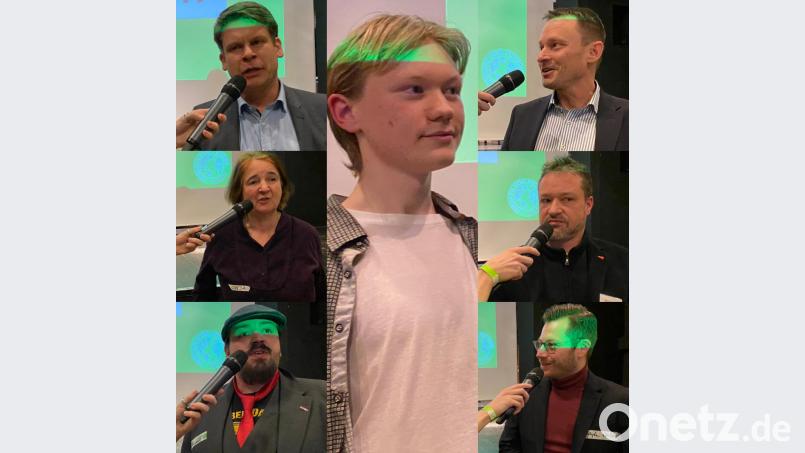 Lukas Prölß (Mitte), Sprecher der Fridays-for-Future-Ortsgruppe, lässt jedem Bürgermeisterkandidaten exakt drei Minuten für ein Statement, das Mikrofon gibt er dabei bewusst nicht aus der Hand; im Uhrzeigersinn: Jens Meyer (SPD), Ali Zant (Linke), Christoph Skutella (FDP), Matthias Völkl (Die Partei), Sonja Schuhmacher (Grüne), Benjamin Zeitler (CSU). Bild: eig