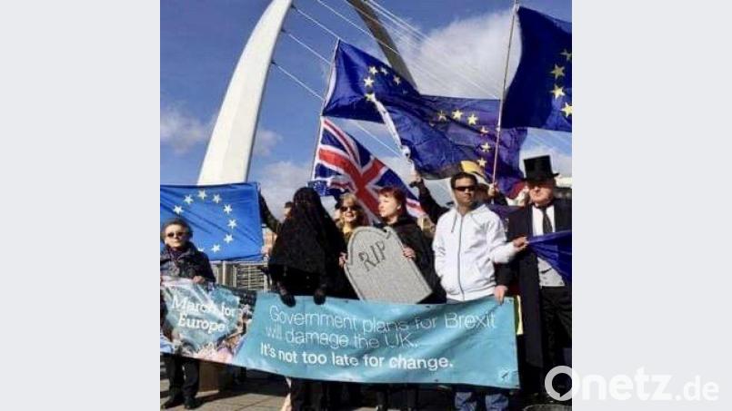 Silvie Fisch (Dritte von links), Regensburgerin mit Wohnsitz in England, demonstriert mit Freunden für den EU-Verbleib. Bild: exb