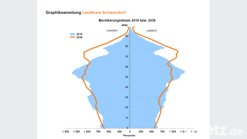Die demografische Entwicklung lässt grüßen. Auch im Landkreis Schwandorf wird es im Jahr 2038 wesentlich mehr 65- bis 80-Jährige als heute geben, besagt die Grafik des Landesamtes für Statistik. Bild: exb