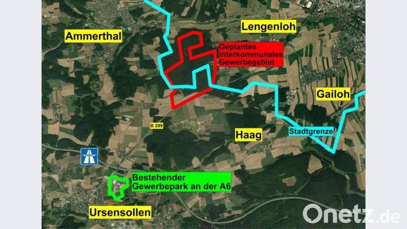 Überblick: So ungefähr wäre das rund 98 Hektar große interkommunale Gewerbegebiet gelegen (roter Umriss). Bild: Oberpfalz-Medien
