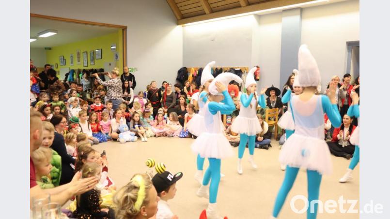 Die Kindergarde der Narrhalla Windischeschenbach führte als Schlümpfe verkleidet ihren Gardetanz auf. Die Kinder schauten interessiert zu. Bild: wrm