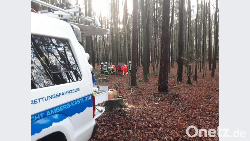 Ein 19-Jähriger wird bei Ursensollen bei Waldarbeiten schwer verletzt: Die Unfallstelle ist für die Einsatzkräfte, darunter auch die Amberger Bergwacht, schwer erreichbar. Bild: exb/Feuerwehr/HvO Ursensollen