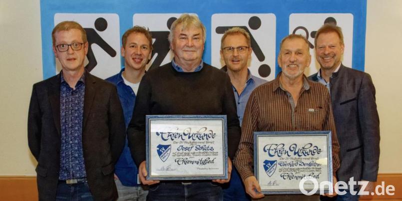 Die neuen Ehrenmitglieder des SV Freudenberg mit dem Vorstand (von links): Andreas Koch, Florian Neiß, Josef Schatz, Vorsitzender Christian Straller, Eberhard Demleitner und Bürgermeister Alwin Märkl. Bild: gri