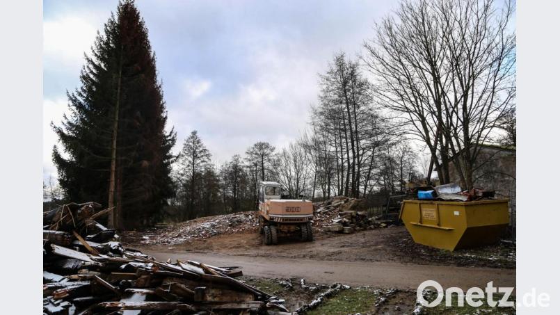 Die Plärnmühle wurde in der vergangenen Woche abgerissen. Ein Bagger steht nun auf Bauschutt, wo die ehemalige Mühle stand. Vor dem Gebäude liegen die verkohlten Balken. Bild: Roland Wellenhoefer