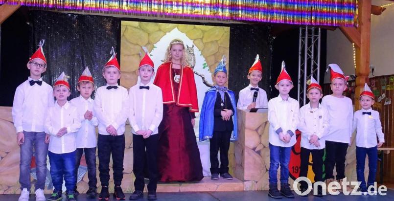 Der Minielferrat, das Miniprinzenpaar Elena I. und Johann I. sowie Mini- und Sitzungspräsident David Lukas (Sechste und Achter von links) hatten das närrische Jungvolk in Griff. Bild: hl