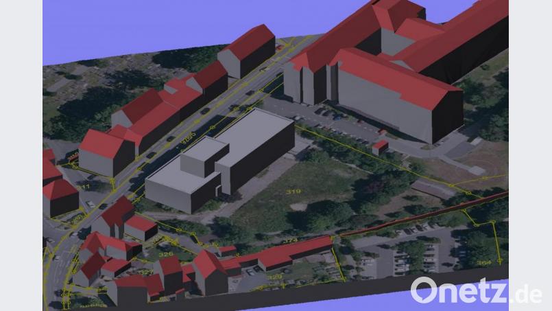 Die 3-D-Ansicht vermittelt einen Eindruck, wie das Amtsgebäude in der Egerer Straße aussehen soll. Die Bestandsgebäude sind mit den Daten der Vermessungsverwaltung analog dem BayernAtlas in 3-D erstellt. Das geplante Gebäude wurde mit den vorläufigen Daten konstruiert. Bild: Landesamt für Digitalisierung, Breitband und Vermessung/exb