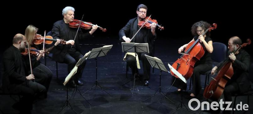 &quot;Sestetto Stradivari&quot; - von links David Romano, Marlène Prodigo, Raffaele Mallozzi, David Bursack, Sara Gentile, Diego Romano - überraschten mit ihrem ausgefallenen Programm im Stadttheater Amberg. Bild: Wolfgang Steinbacher