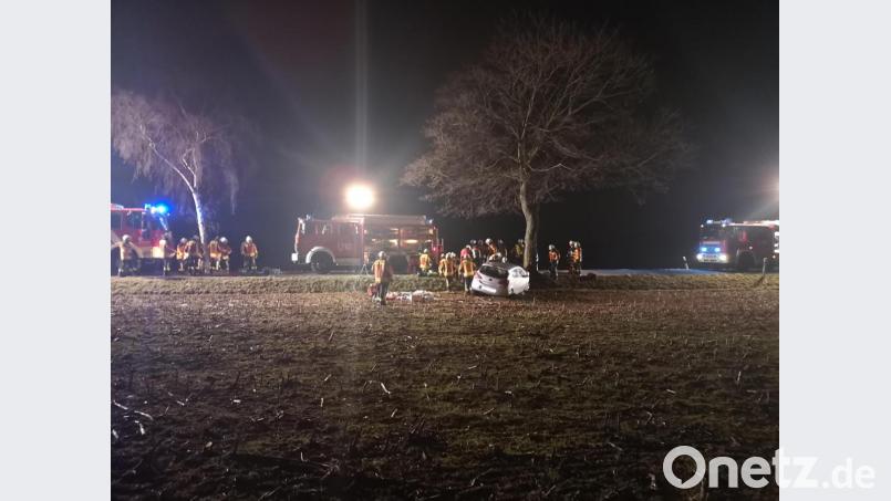 Mit schwerem technischen Gerät befreiten die Einsatzkräfte den Mann, der mit seinem Fahrzeug gegen einen Baum gekracht war und eingeklemmt wurde, aus dem Fahrzeug. Bild: mde