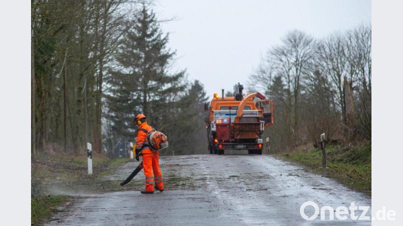 Ein Arbeiter beseitigt mit einem Gebläse Rinde und Äste von einer Straße. Foto: Klaus-Dietmar Gabbert/dpa-Zentralbild/dpa Bild: Klaus-Dietmar Gabbert