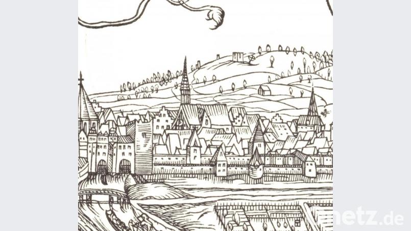 Ein Ausschnitt aus der Zeichnung von Hans Ludwig Kandlpaldung aus dem Jahr 1583: Auf dem Berg ist der Doppel-Galgen mit zwei Gehenkten zu erkennen (Quelle: „Alte Amberger Ansichten“, Buchhandlung Liereth). Bild: exb