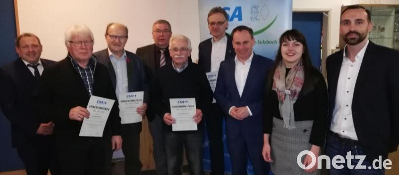 Die geehrten CSA-Mitglieder mit Kreisvorsitzendem Uwe Friedrich (links), Bezirksvorsitzendem Armin Bulenda (rechts) und Landesvorsitzendem Volker Ullrich (Dritter von rechts). Bild: ufh