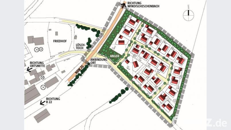 Der Bebauungsplan des Architekturbüros Schöberl aus Parkstein zeigt das neue Baugebiet "Leite" in Kirchendemenreuth. Es liegt auf einem Süd-West-Hang und hat 23 Parzellen mit einer Größe von 680 bis zu 1300 Quadratmeter. Bild: Architekturbüro Schöberl